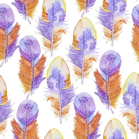 Seamless watercolor pattern with feathers. Vintage seamless pattern with feathers. Watercolor paint. Feathers pattern for wallpaper design. Watercolor seamless background.の写真素材