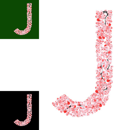 Watercolor hand drawn Sakura Flower Alphabet. Monogram Letter J Made of Sakura Flowersの写真素材