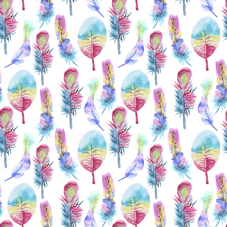Seamless watercolor pattern with feathers. Vintage seamless pattern with feathers. Watercolor paint. Feathers pattern for wallpaper design. Watercolor seamless background.の写真素材