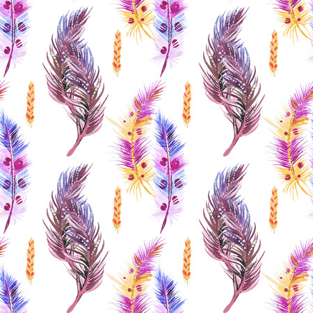 Seamless watercolor pattern with feathers. Vintage seamless pattern with feathers. Watercolor paint. Feathers pattern for wallpaper design. Watercolor seamless background.の写真素材