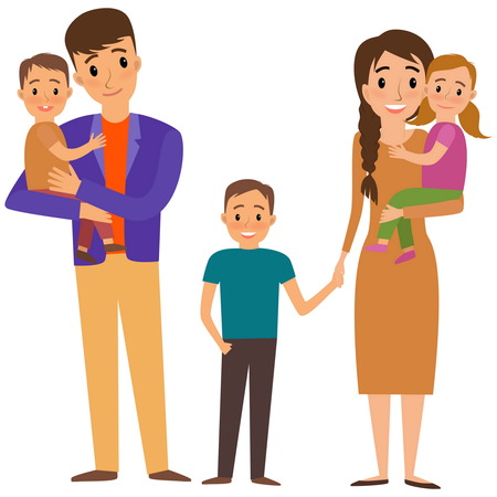 Big Family portrait. Happy family whith three childrens.のイラスト素材