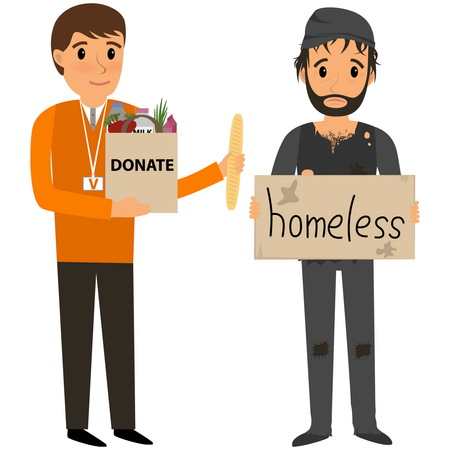 Volunteer and homeless. Volunteers helping homeless. flat cartoon illustrationのイラスト素材