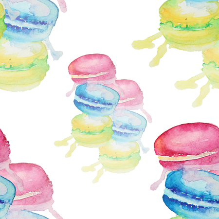 Seamless watercolor pattern with multicolored macaroons. Watercolor patternの写真素材