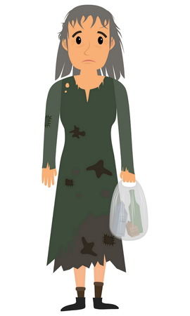 Homeless woman in dirty old clothes whith bag in hand. Vector flat cartoon illustrationのイラスト素材