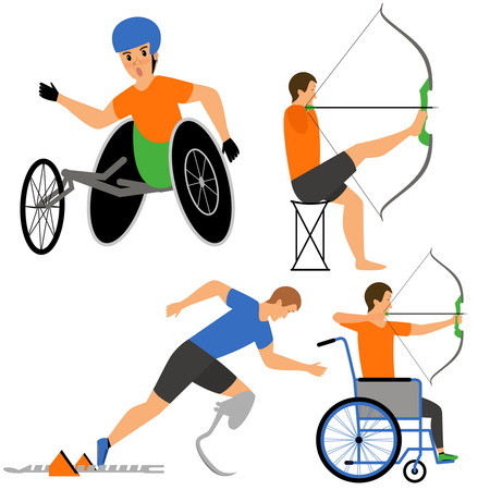 Disabled People in sport competition. Archers and sprinter, byking man. Vector flat cartoon illustrationのイラスト素材