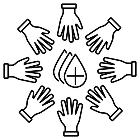 Donation line icon circle of donors, and hands in the center of the blood drop.のイラスト素材