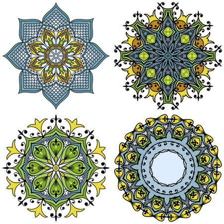 doodle mandala set. Ethnic mandala collection with colorful ornament . Yellow, orange, blue and green colors.のイラスト素材