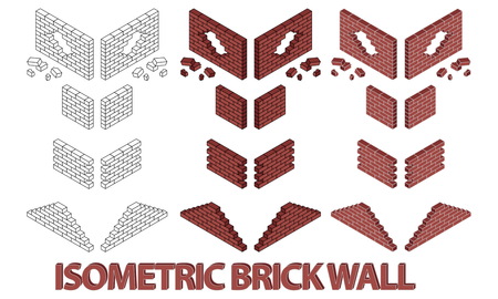 Vector illustration of different brick wall. Red brick wall. Hole in a brickwall. Outline style brick wall.のイラスト素材