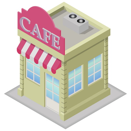 Isometric green cafe building on a white background. Building icon in the isometric projection. Vector illustration.のイラスト素材