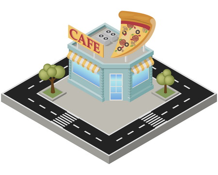 Isometric pizza cafe building with road on a white background. Pizzeria in the isometric projection. Illustration.のイラスト素材