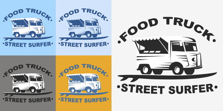 Food truck emblems and logo with surf board. Street surfer food truck. Multicolored set of logos of Food truck. Vector illustrationのイラスト素材