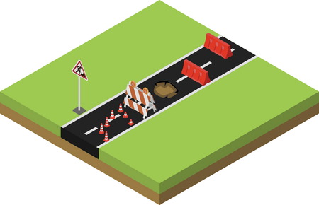 Road repair, under construction city road, maintenance and construction of pavement. Isometric vector illustrationのイラスト素材