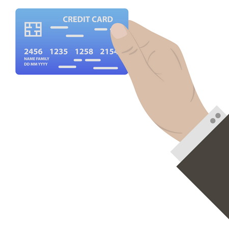 Hand with blue credit card for payment on white background. Flat design. Vector illustration. Business concept design.のイラスト素材