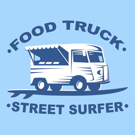 Food truck emblems and logo with surf board on blue background. Street surfer food truck. Vector illustrationのイラスト素材