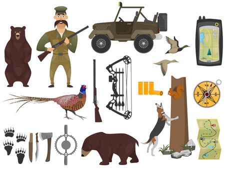 Set of hunting illustrations in cartoon style. Hunter and firearms, hunting bows and car for hunter. Ammunition of professional hunter.のイラスト素材