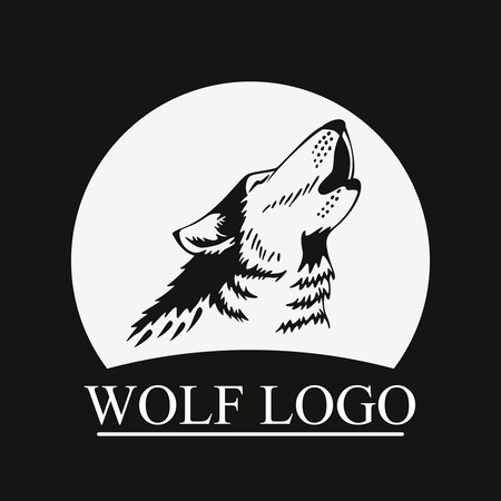 Silhouette Head Howling wolf on moon background. Perfect for logo or icon, also for print. Vector illustration.のイラスト素材