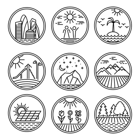 Round Linear icons and logo design elements with landscapes. Urban and nature scenes icons set. Vector illustrationのイラスト素材