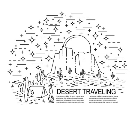 Template banner with night desert camp. Circle banner with Desert landscape on white background. Flat line style travel banner. Vector illustration.のイラスト素材