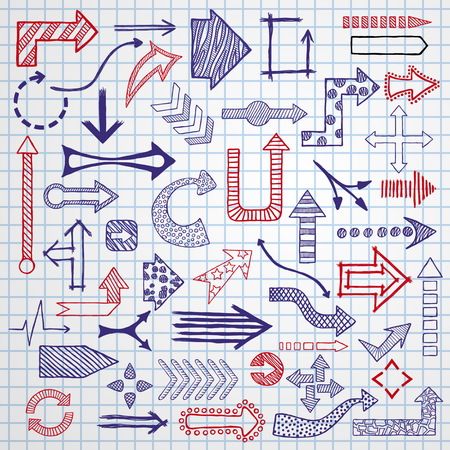 Hand drawn sketched Arrows in different shapes set. Doodle arrows collection. Vector illustration.のイラスト素材