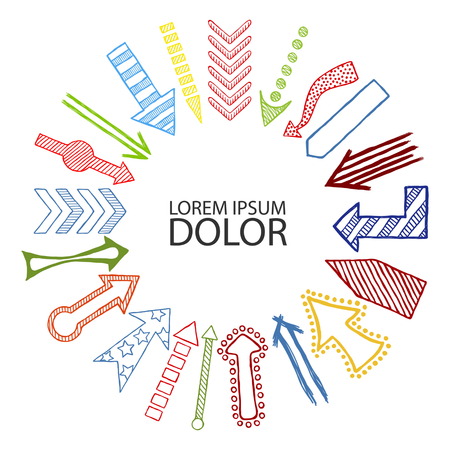 Hand drawn sketched colored Arrows in different shapes directed in center. Doodle multicolor arrows template.のイラスト素材