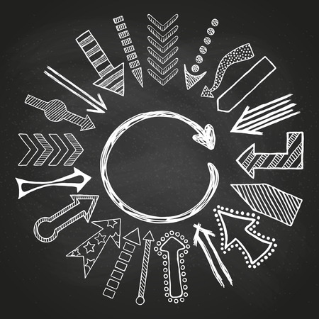 Hand drawn sketched white Arrows in different shapes directed in center. Doodle chalk arrows template. On school chalkboard background. Vector illustration.のイラスト素材
