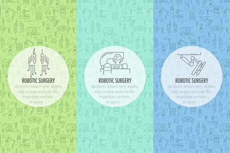 Three robotic surgery banner template in linear style on colored seamless pattern background. Robotic assisted surgery future linear template design. Vector illustrationのイラスト素材