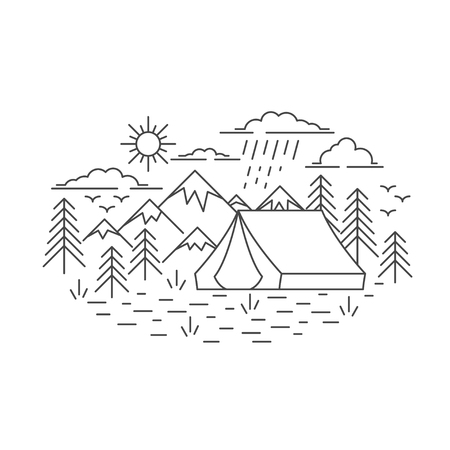 Banner with Mountains and tent, pine tree and cloud sky landscape on white background. Flat line style travel banner. Vector illustration.のイラスト素材