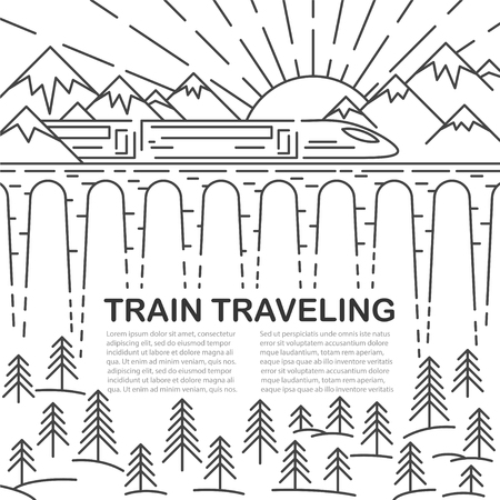 Template for traveling with modern train on bridge, pine tree and mountain landscape on white background. Vector illustration.のイラスト素材