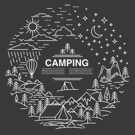 Circle banner with Mountains and tent, pine tree and waterfall landscape on black background. Day and high sky. Flat line style banner for camping. Vector illustration.のイラスト素材