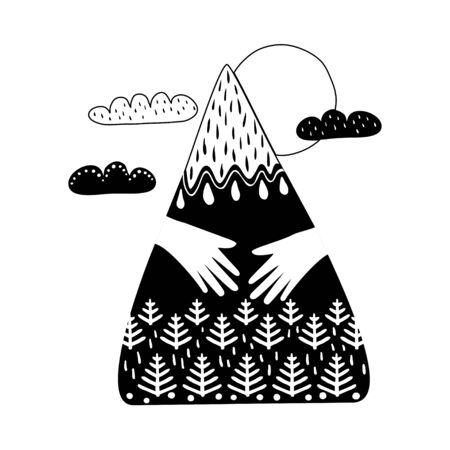 Mountain hug in scandinavian style. Hand drawn illustration when hands hugged hills with love. Vector print for Hug day.のイラスト素材