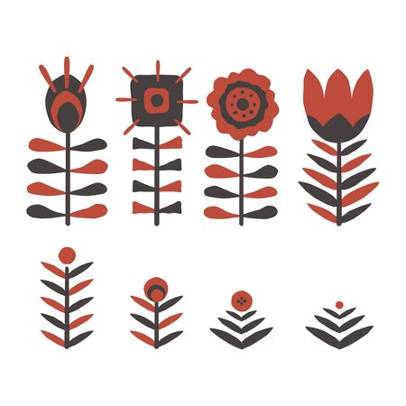 Paper cut scandinavian flowers. Flat design. Hand drawn red and black colored floral folk ornaments. Vector illustrationのイラスト素材
