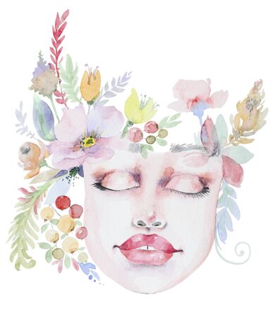 Watercolor bouquet of wildflowers on beautifull face. Beauty woman face and flower composition.の写真素材