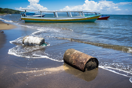 Boats On A Beach, port Mataram, Lombok Island, Indonesiaの写真素材