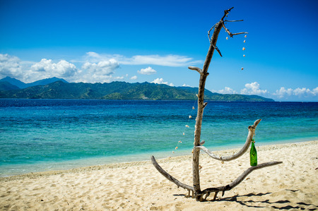 Pieces of coral hanging on wood against blue sky on coast, Gili island, Indonesia, Asiaの写真素材