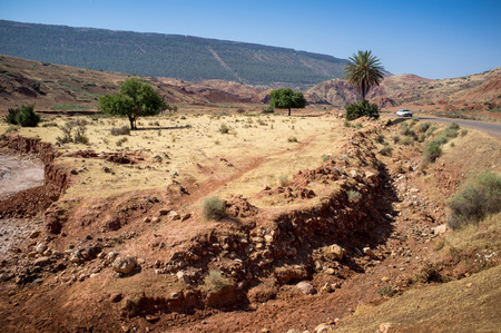 Car on the road in Zat Valley in the High Atlas Mountains, Morocco, Arricaの写真素材