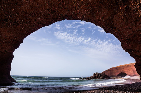Red arches on atlantic ocean coast, Legzira beach, Sidi Ifni, Morocco, North Africaの写真素材