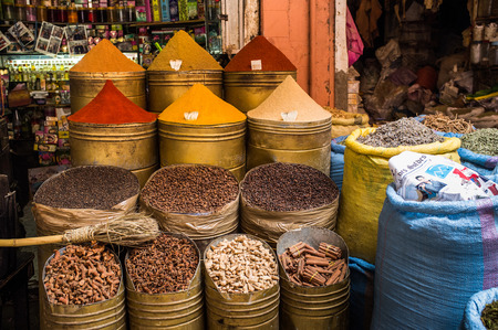 Africa, North Africa, Morocco, Marrakech, Medina, Place des Ferblantiers, Bazaar, Herbs and Spices Displayのeditorial素材