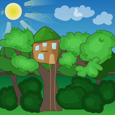 Illustration of house on the tree in the middle of the forestのイラスト素材