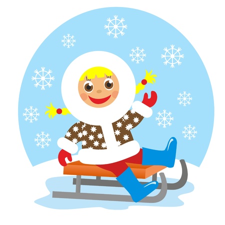 girl on sledge in winterの写真素材