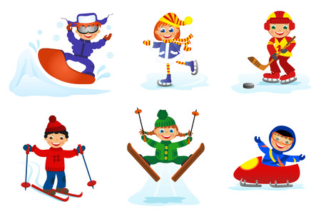 childrens fun in winter on white backgroundの写真素材