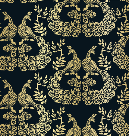 vector bird peacock pattern seamless pattern goldのイラスト素材