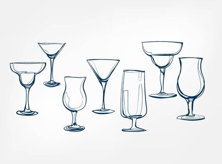 set coctail glasses vector one line art drink isolatedのイラスト素材