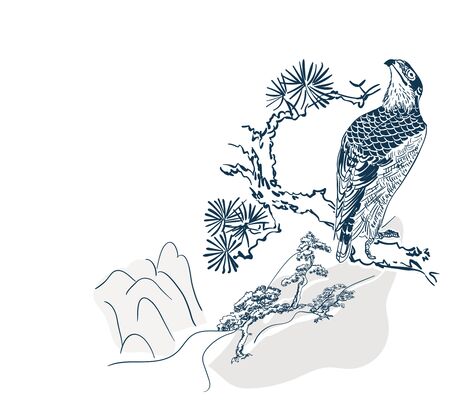 falcon hawk bird mountains view card vector sketch illustration line art japanese chinese orientalのイラスト素材