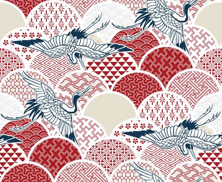 crane bird traditional kimono pattern vector sketch illustration line art japanese chinese orientalのイラスト素材