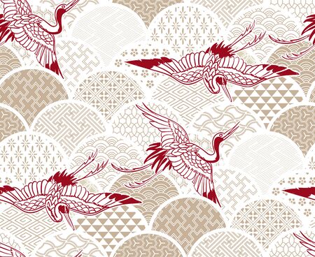 crane bird traditional kimono pattern vector sketch illustration line art japanese chinese orientalのイラスト素材