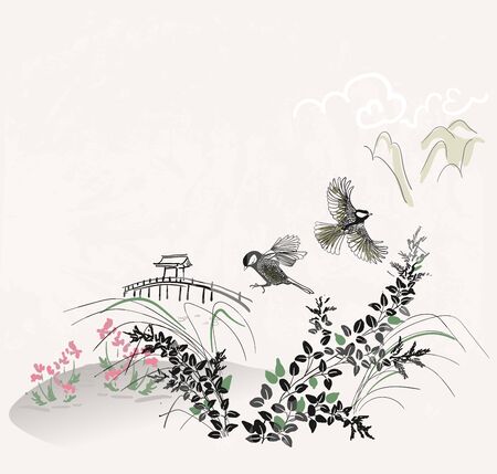 japanese chinese vector design ink flower engraved colorful card bakground landscape birds grass flower bridgeのイラスト素材