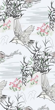 japanese chinese vector design ink flower engraved colorful seamless pattern heron bird bulrush hut pond traditionalのイラスト素材