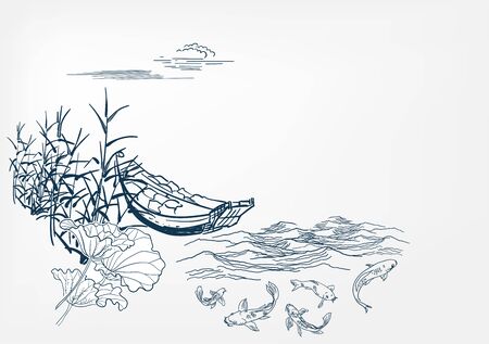 japanese vector sketch design background hand drawn ink card sea water wavesのイラスト素材