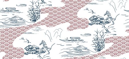 japanese vector sketch design background hand drawn ink seamless pattern boats seaのイラスト素材
