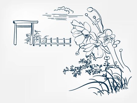 flower japanese vector sketch illustration engraved chinese viewのイラスト素材